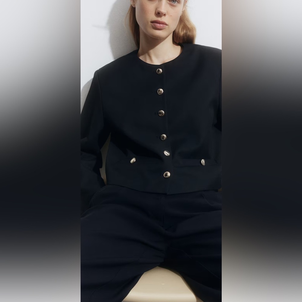H&M Black Military Jacket Blazer Button Front Faux Pockets Long Sleeves Lined M👍
